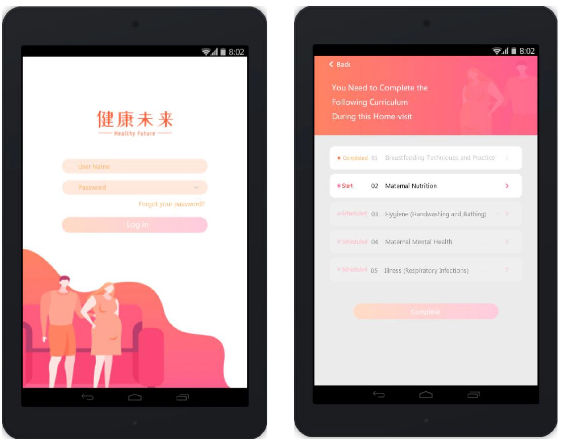 Healthy Future community health worker app on two tablets: the login screen and the list of curriculum modules to complete during a home visit (English version).